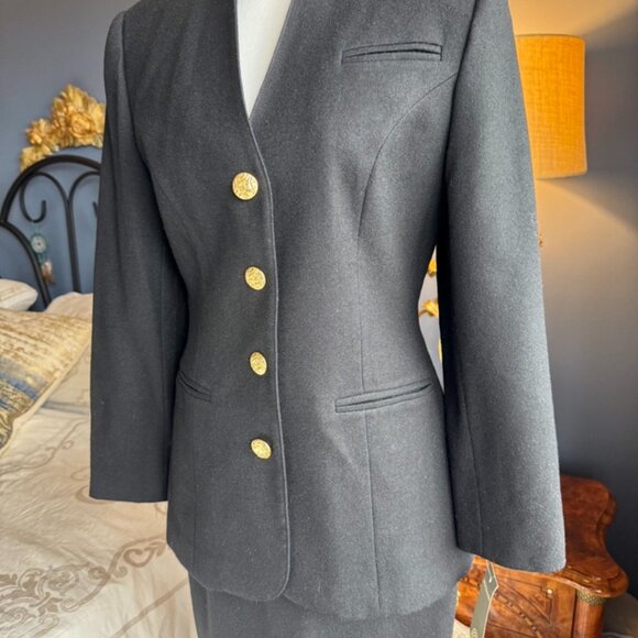 Vintage 90s 100% Wool Black Skirt Suit w Gold Buttons - Picture 6 of 16